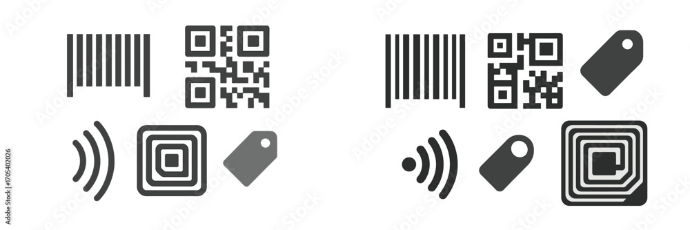Poster collection of icons for identification and data scanning including barcode, qr code, rfid tag, and n