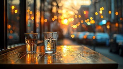 Two glasses of water on a cafe table at sunset