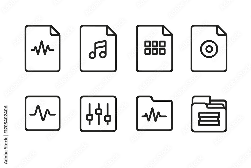 Poster sound file icons. outline icon set of sound pack file types: wav file, mp3 file, midi file, aiff fil