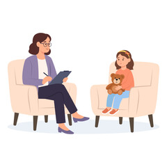 Psychological help for child.Girl kid on psychological session.Depression and Devastation. Vector Illustration