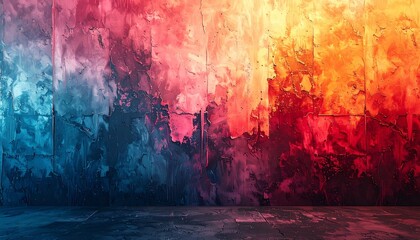 Fototapeta premium Dramatic empty studio with a textured concrete wall illuminated by contrasting blue and fiery orange lights, creating a modern showcase backdrop