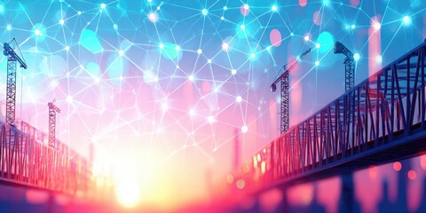 Construction cranes against a digital network overlay background