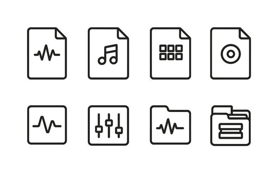 Sound File Icons. Outline icon set of sound pack file types: WAV file, MP3 file, MIDI file, AIFF file, FLAC file, project file,