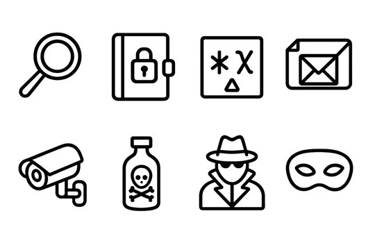 Intrigue and Secret Icons. Outline icon set of intrigue tools: magnifying glass, locked diary, cryptic symbols, secret letter,