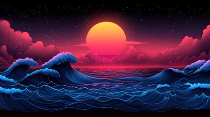 Sunset over a vibrant ocean, dramatic clouds, night sky.  Possible use Background image