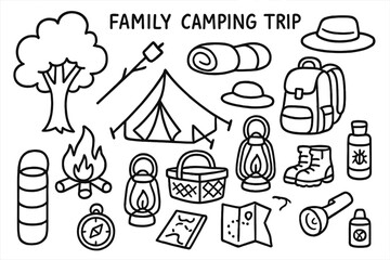 Fototapeta premium Family Camping Adventure. Hand-drawn doodle illustration Family camping trip tent, campfire, sleeping bags, backpack, marshmallow