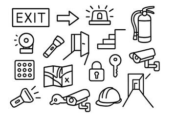 Fototapeta premium Emergency Exit Icons. Hand-drawn doodle illustration exit pathway pathway, arrow, door, stairs, emergency light, fire extinguisher