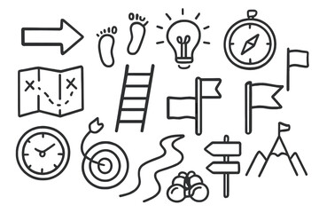 Obraz premium Journey Symbols Illustration. Hand-drawn doodle illustration way forward arrow, footsteps, light bulb, compass, map, stairs,