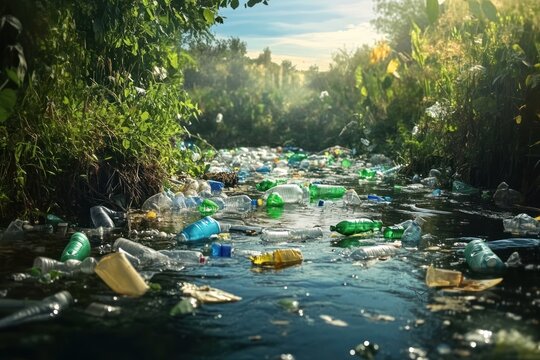 Environmental pollution plastic river waste.