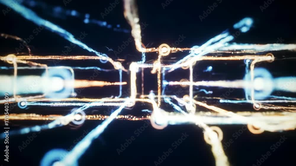 Poster abstract lines and dots in blue and gold create a dynamic data network technology, connection concep