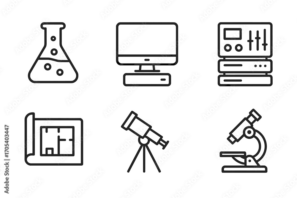 Poster cold logic icons. outline icon set of cold logic environments: lab flask, computer, control panel, s