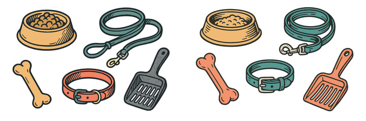 Pet care essentials: food bowls, leashes, collars, and scoops for dogs and cats