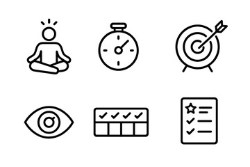 Self-Control Icon Set. Outline icon set of self-control: meditation, timer, no distractions, goal setting, focus, habit tracker,