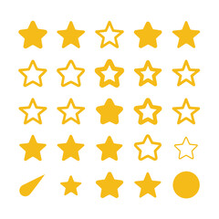 Collection of various shapes of golden stars and a circle on a white background representing quality