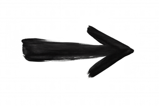Black brush-stroked arrow pointing rightward, hand-drawn design element against transparent backdrop