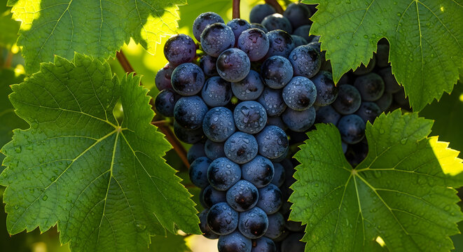 A bunch of ripe dark purple grapes, with light dew on the surface and green grape leaves circling around it