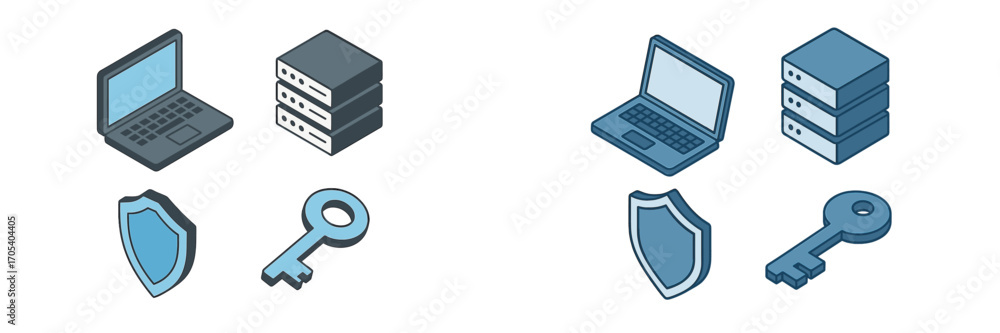 Aufkleber isometric icons for computer server, laptop, shield, and key symbolizing data security and access