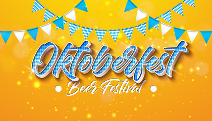 Oktoberfest Banner Illustration with Bavaria Flag Pattern Typography Lettering and Party Flag on Shiny Yellow Background. Vector Traditional German Beer Festival Design Template for Greeting Card, Web