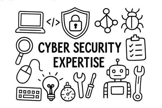 Cybersecurity Icon Doodles. Hand-drawn doodle illustration cyber security expertise shield, lock, laptop, code brackets, network,