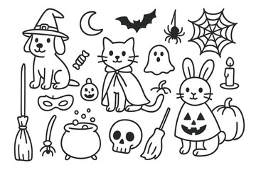 Pets in Halloween Costumes. Hand-drawn doodle illustration Pets in Halloween costumes dog with witch hat, cat with cape, bunny