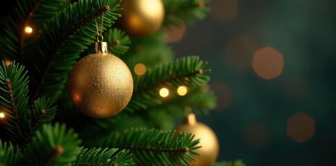 Ornate gold ornaments on a plush green fir tree, glowing lights , decoration, background
