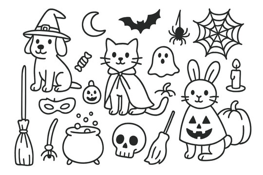 Pets in Halloween Costumes. Hand-drawn doodle illustration Pets in Halloween costumes dog with witch hat, cat with cape, bunny