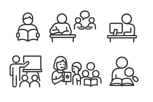 Library Activity Icons. Outline icon set of library activities: reading, studying, group discussion, computer use, workshop,