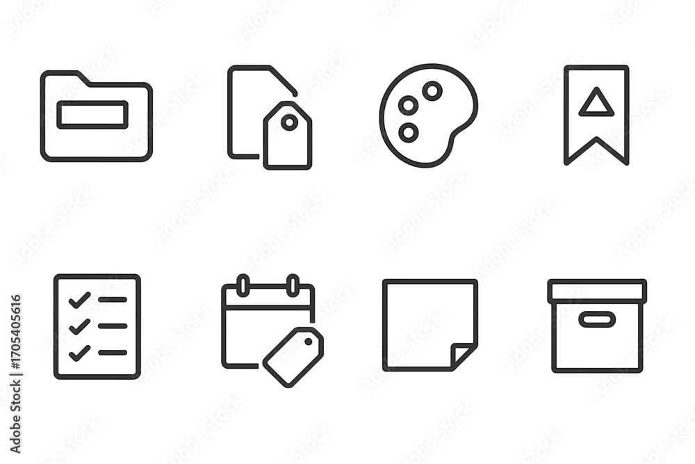 Poster organizational icon grid. outline icon set of label organization and sorting: folder label, file tag