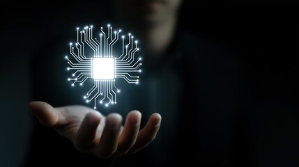 Quantum computing and parallel processing, Ai Developing, A professional presents a glowing computer chip with branching circuits symbolizing multiple future states and superposition.

