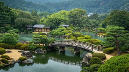 Serene Japanese Garden Landscape: Tranquil Pond, Wooden Bridge, Lush Greenery