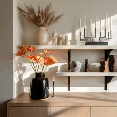 Modern Shelving Display with Autumn Decor and Warm Lighting