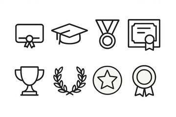 Academic Awards Icons. Outline icon set of academic awards: diploma, graduation cap, medal, certificate, trophy cup, laurel wreath