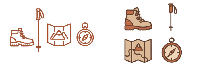 Outdoor hiking gear icons for adventure and travel