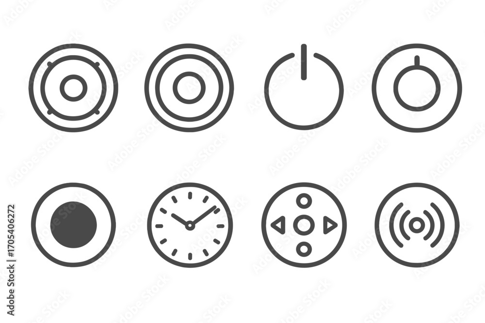 Poster circular tech icon set. outline icon set of circular technology components: speaker, camera lens, po