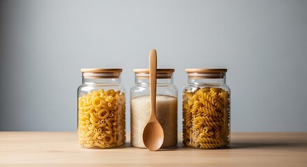 Pasta in Glass Jars with Wooden Spoons.