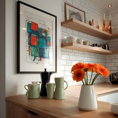 Contemporary Kitchen Display with Colorful Art and Orange Flowers