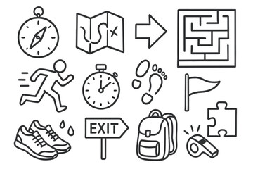 Maze Navigation Icons. Hand-drawn doodle illustration maze navigation compass, map, maze walls, runner, arrow, footprints,