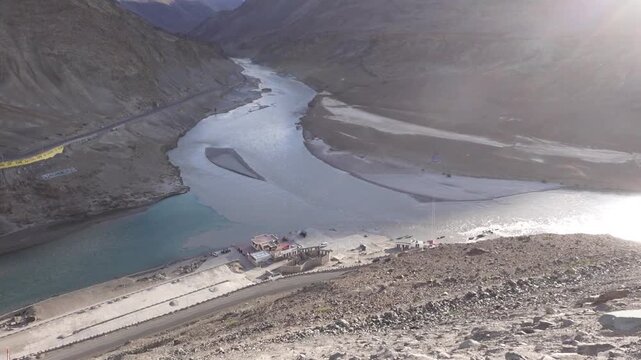 Sangam View Point in leh, Ladakh famous for the confluence of the Indus and Zanskar rivers.