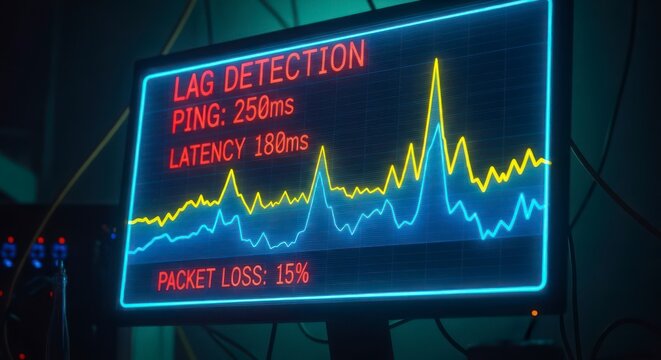 Glowing Computer Display Showing Network Data and Statistics in Dark Room