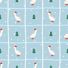 Seamless Christmas vector pattern with geese in Santa hats, Christmas trees, and falling snow on a light blue striped background. Cute winter design for wrapping paper, textiles, and holiday decor