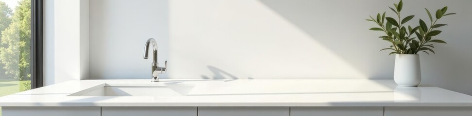 Sleek white quartz countertop, minimalist design, home, surface