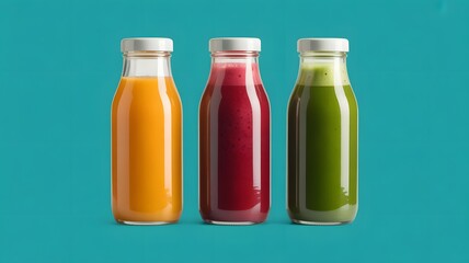 Colorful Fresh Juice Bottles with Healthy Fruit and Vegetable Drinks on Turquoise Background