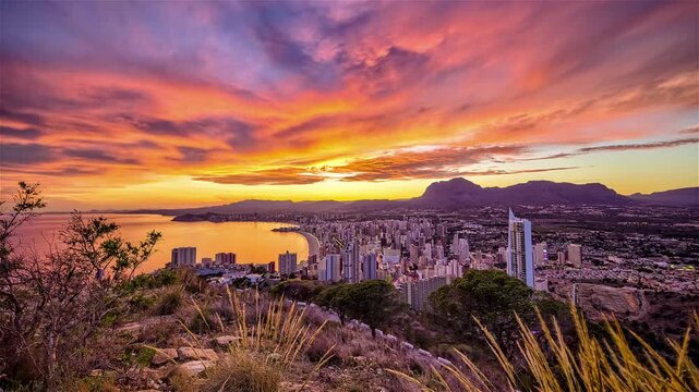 Colorful Sunset above Modern City Skyline and Nature. Benidorm, Spain. Timelapse