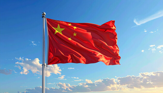 Majestic Chinese flag waving proudly against a vibrant blue sky with fluffy white clouds - Powered by Adobe