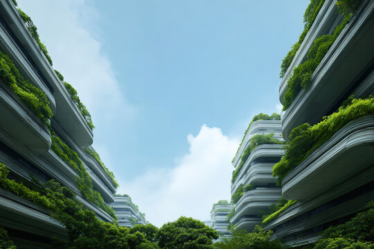 contemporary architectural facades devoid of human presence emphasize ecofriendly buildings adorned with lush