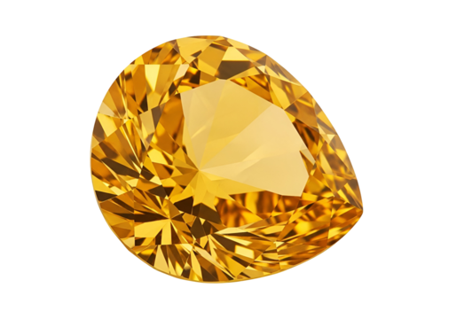 A richly hued, pear-shaped gemstone, showcasing intricate facets and brilliant light reflection against a dark background.