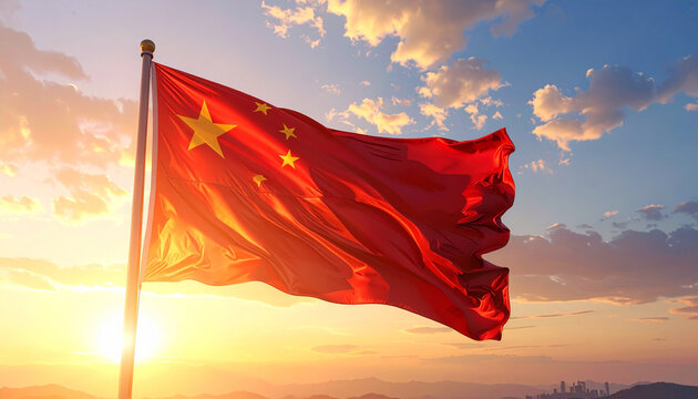 Majestic Chinese flag waving proudly against a vibrant sunset sky with golden light