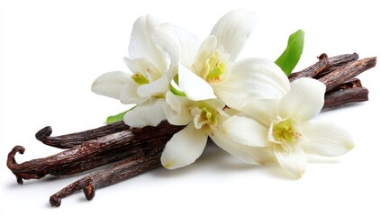 Fototapeta premium Vanilla pods and flowers on white background