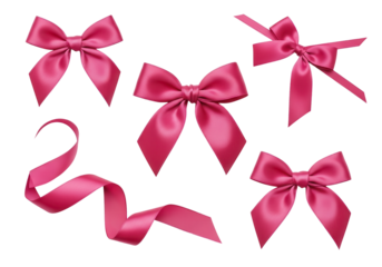 Set of Realistic Pink Satin Ribbon Bows Isolated on White for Gift Wrapping