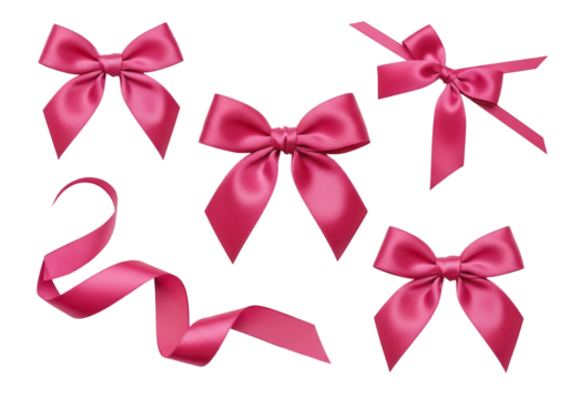 Set of Realistic Pink Satin Ribbon Bows Isolated on White for Gift Wrapping